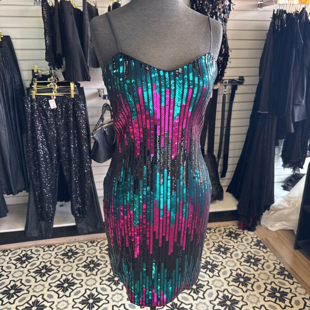 Vintage Black/Pink/Turquoise Sequined Fitted Dress 5/6