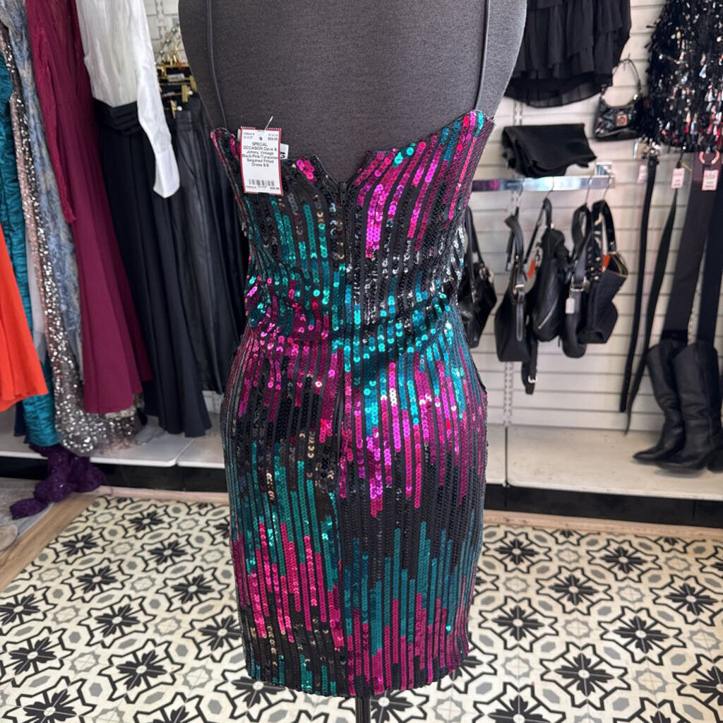 Vintage Black/Pink/Turquoise Sequined Fitted Dress 5/6