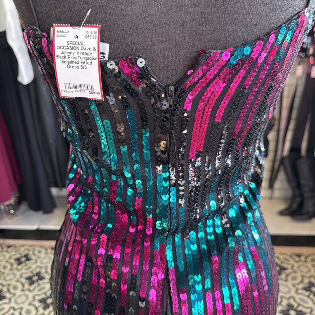 Vintage Black/Pink/Turquoise Sequined Fitted Dress 5/6