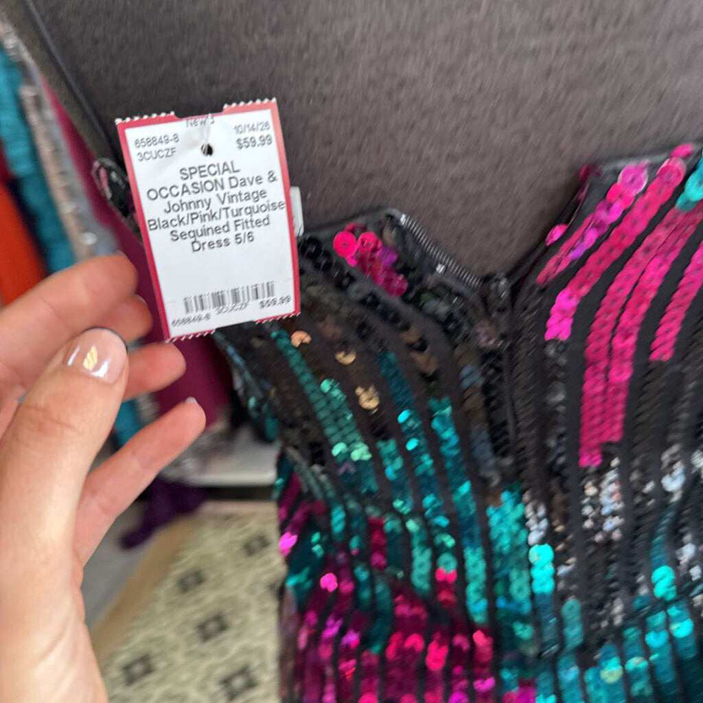 Vintage Black/Pink/Turquoise Sequined Fitted Dress 5/6
