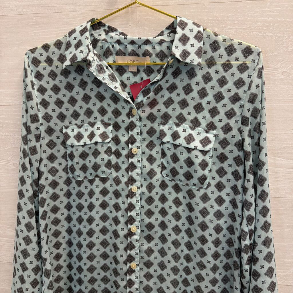 Blue/Grey Printed Button Down Blouse Small