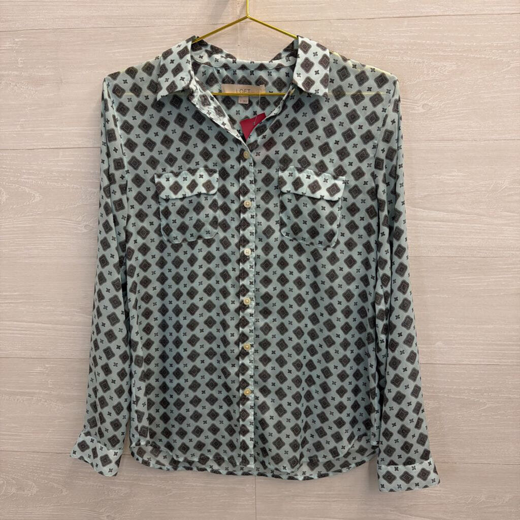 Blue/Grey Printed Button Down Blouse Small