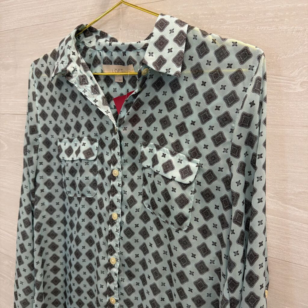 Blue/Grey Printed Button Down Blouse Small