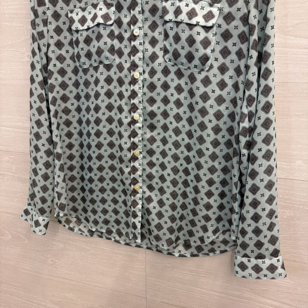 Blue/Grey Printed Button Down Blouse Small