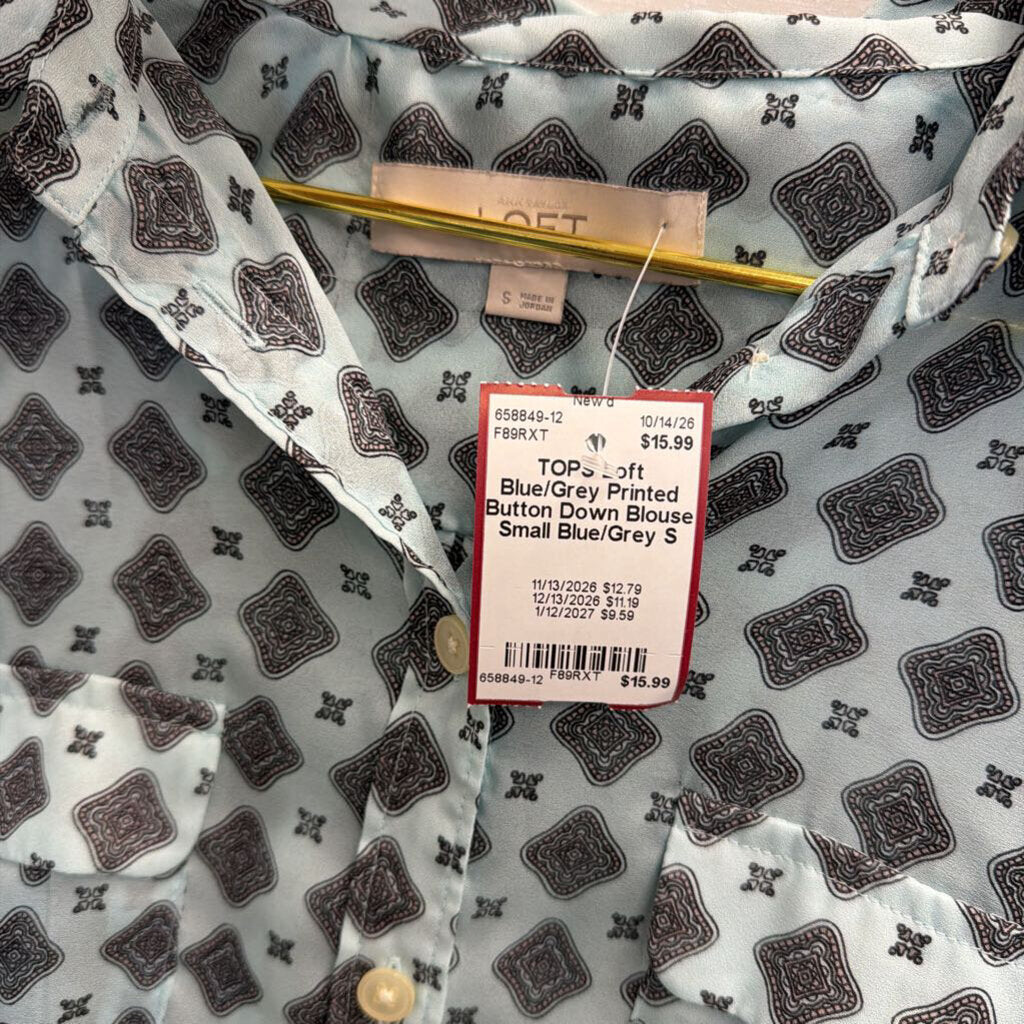 Blue/Grey Printed Button Down Blouse Small