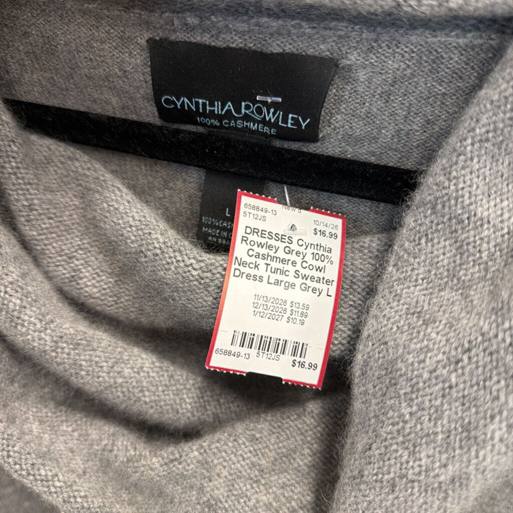 Grey 100% Cashmere Cowl Neck Tunic Sweater Dress Large