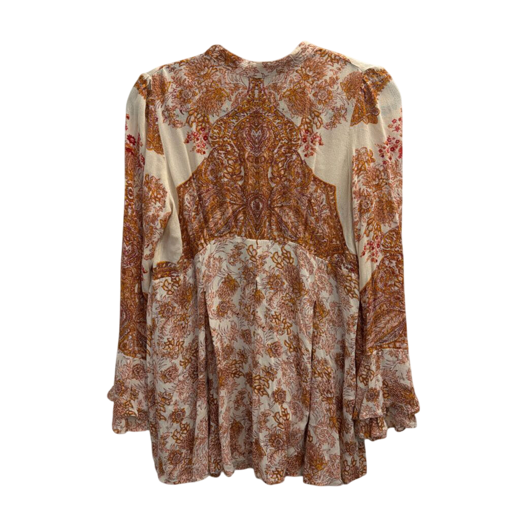Free People Cream/ Orange Print Long Sleeve Top Medium