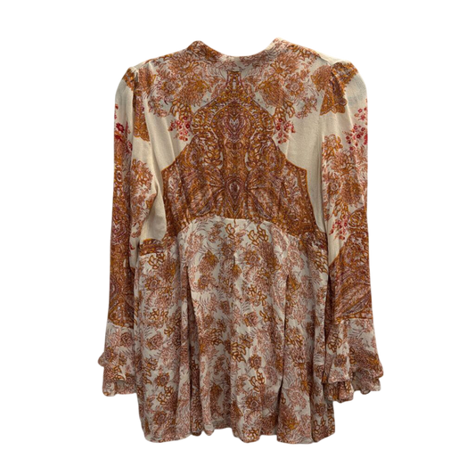 Free People Cream/ Orange Print Long Sleeve Top Medium