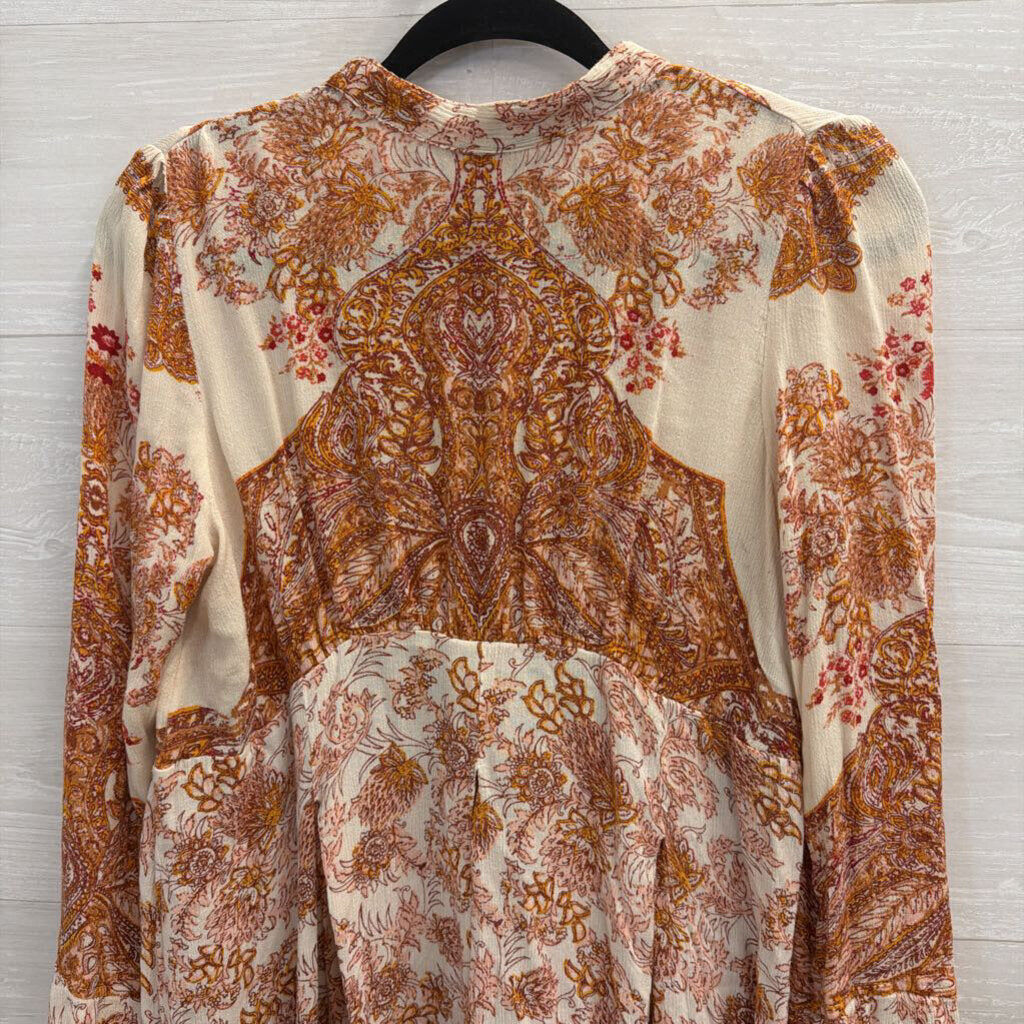Free People Cream/ Orange Print Long Sleeve Top Medium