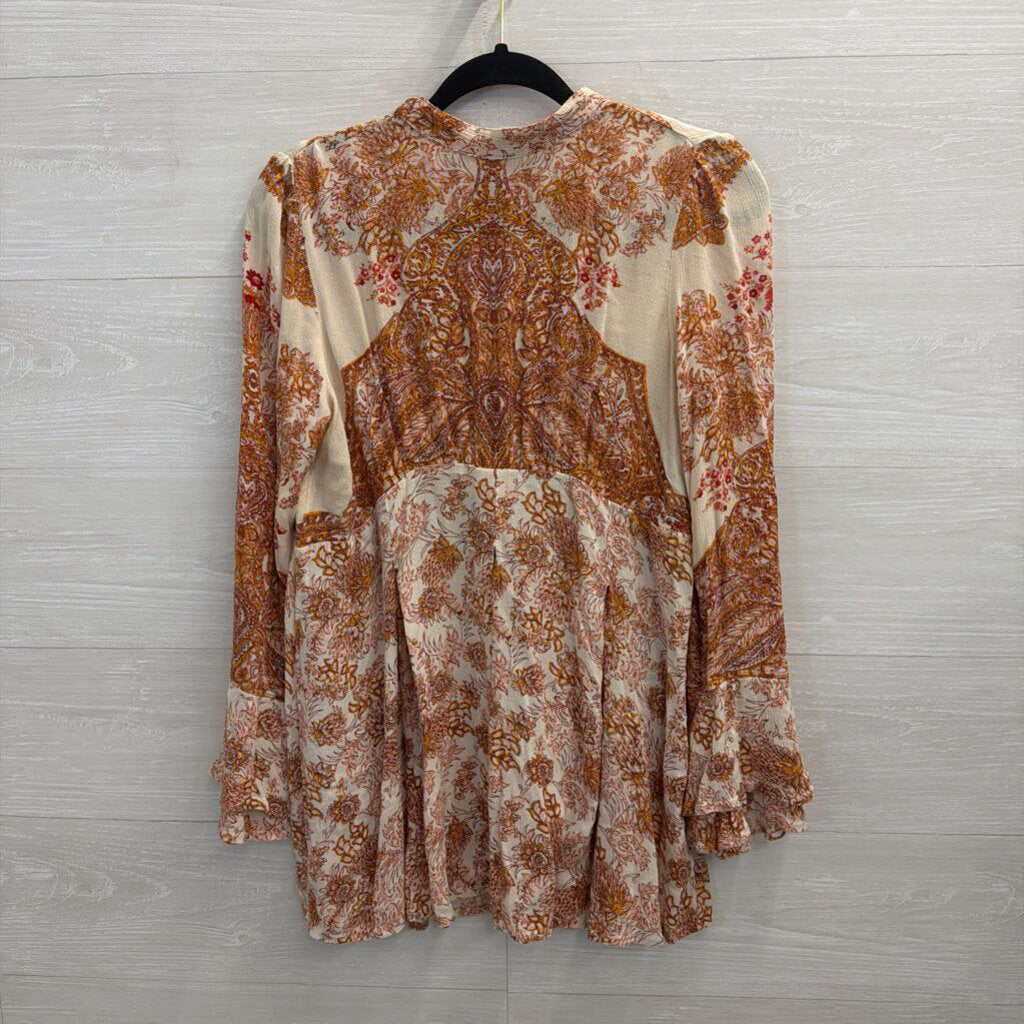 Free People Cream/ Orange Print Long Sleeve Top Medium