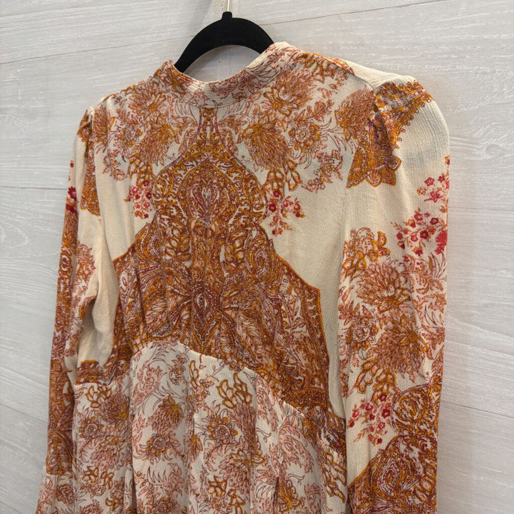 Free People Cream/ Orange Print Long Sleeve Top Medium