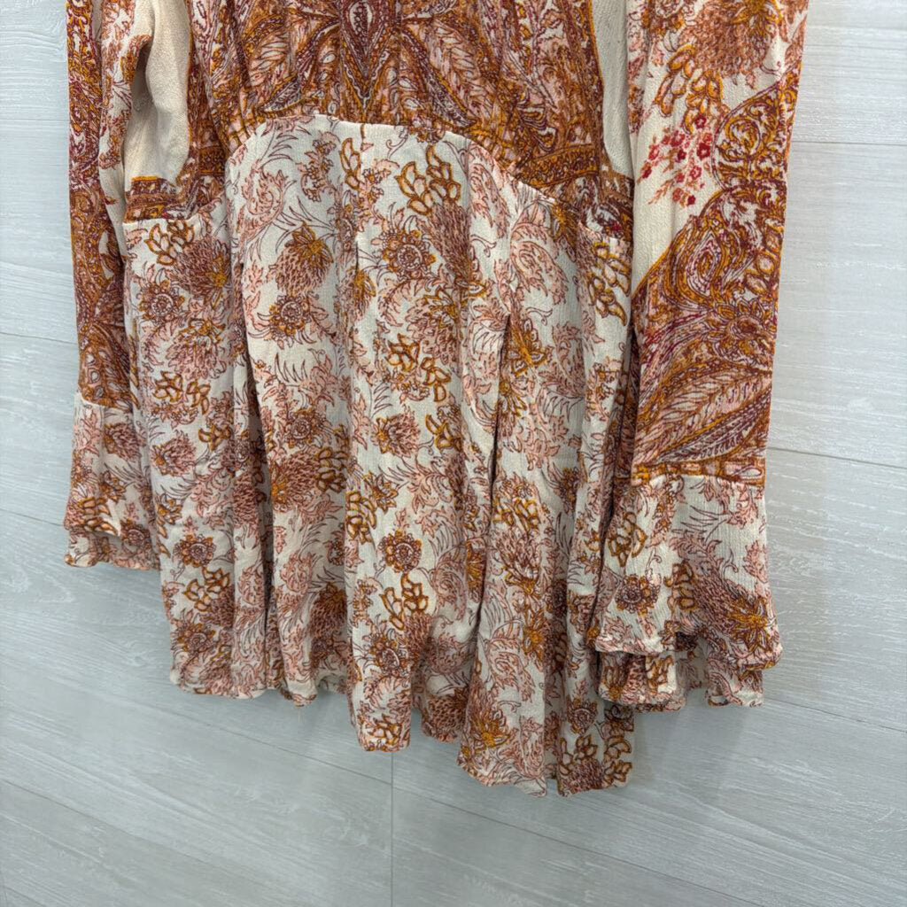 Free People Cream/ Orange Print Long Sleeve Top Medium