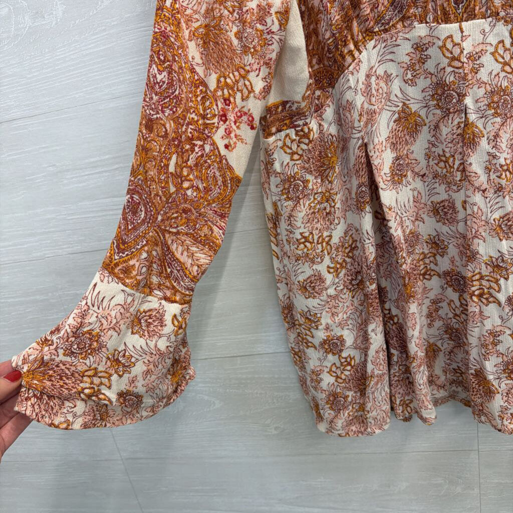 Free People Cream/ Orange Print Long Sleeve Top Medium