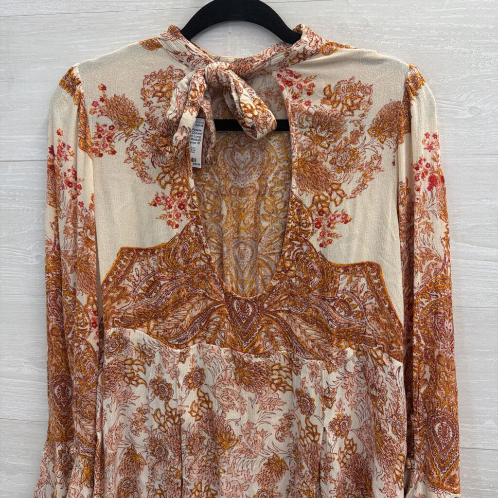 Free People Cream/ Orange Print Long Sleeve Top Medium