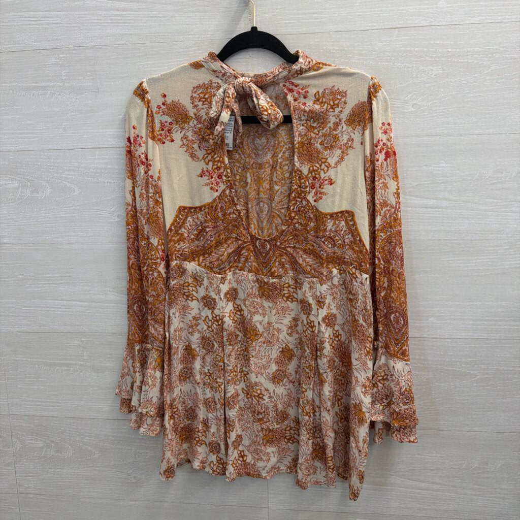 Free People Cream/ Orange Print Long Sleeve Top Medium