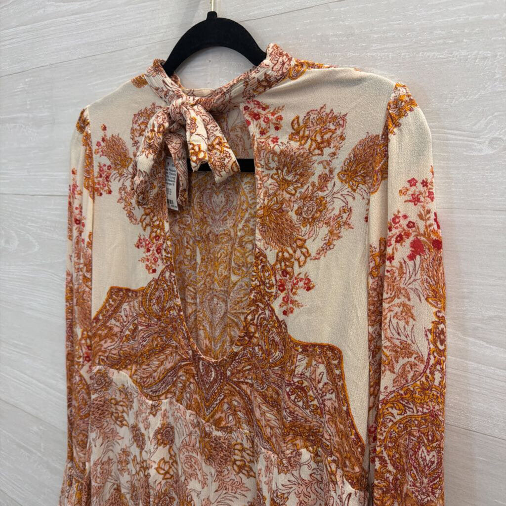 Free People Cream/ Orange Print Long Sleeve Top Medium