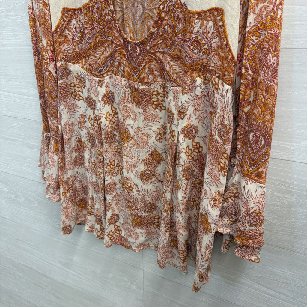 Free People Cream/ Orange Print Long Sleeve Top Medium