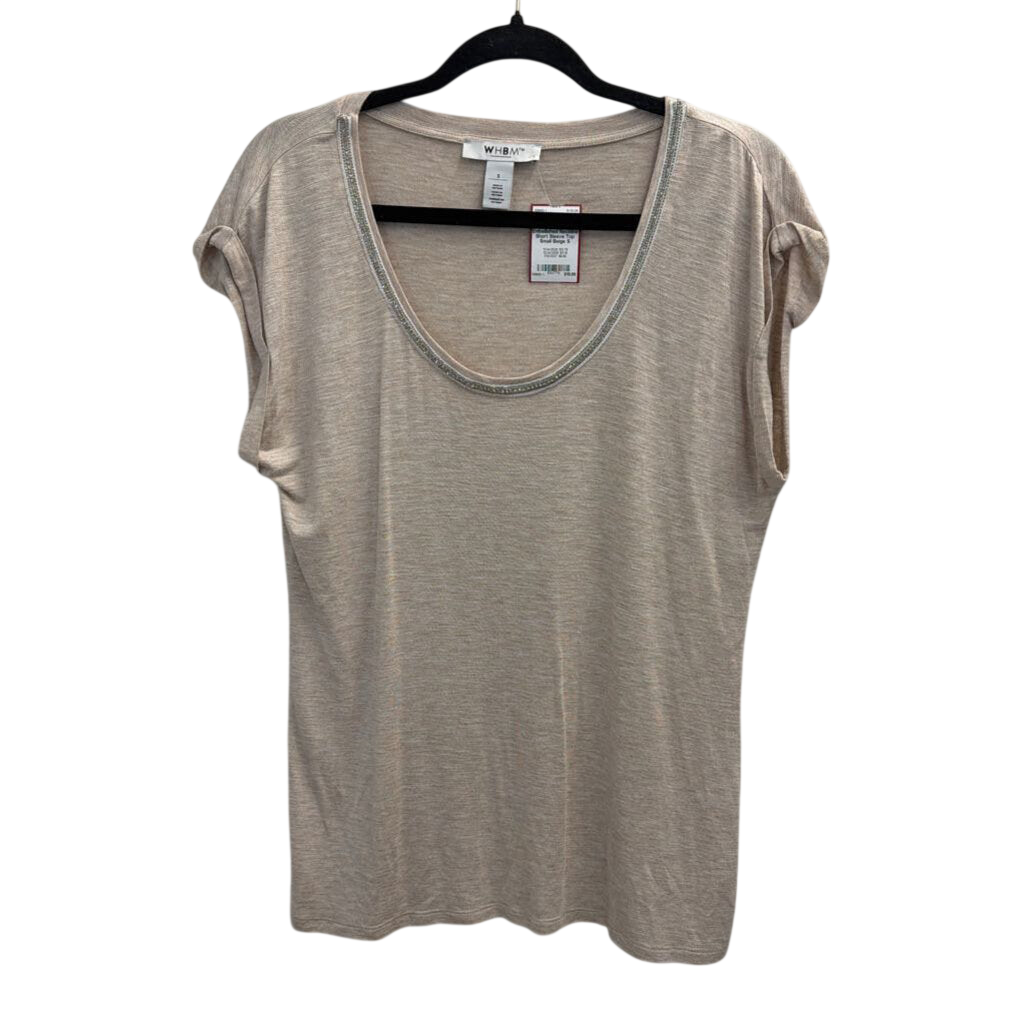 WHBM Beige Embellished Neckline Short Sleeve Top Small