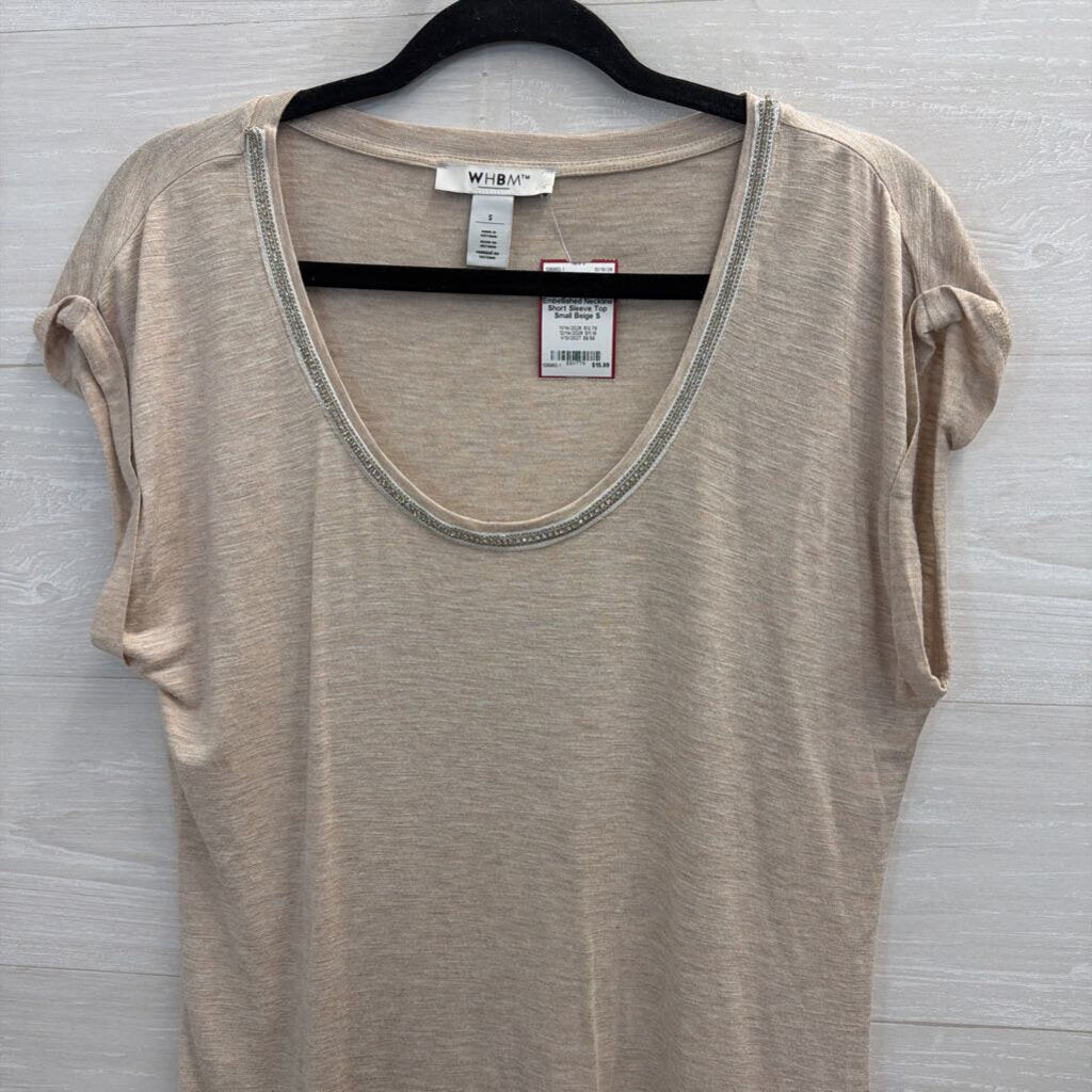 WHBM Beige Embellished Neckline Short Sleeve Top Small
