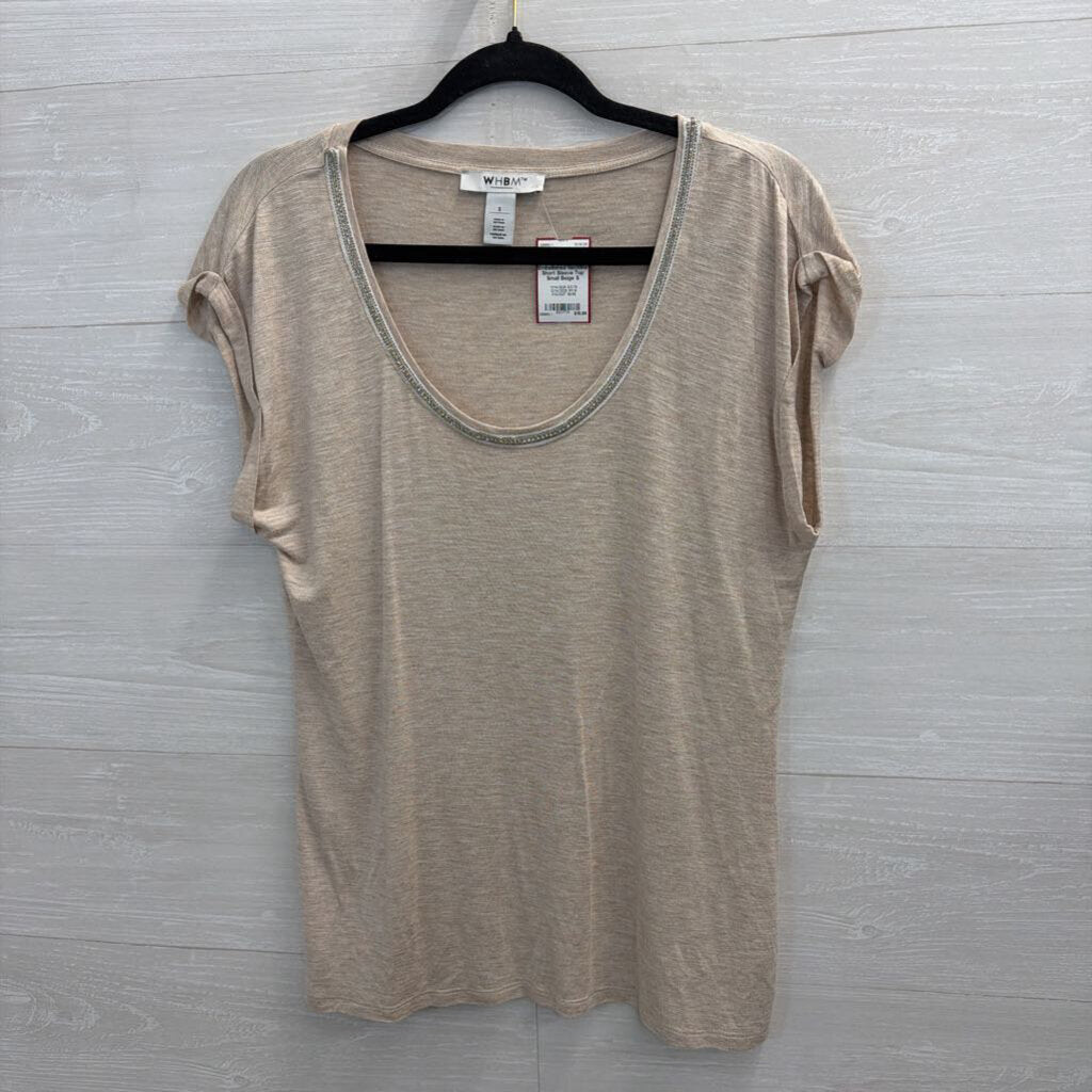 WHBM Beige Embellished Neckline Short Sleeve Top Small