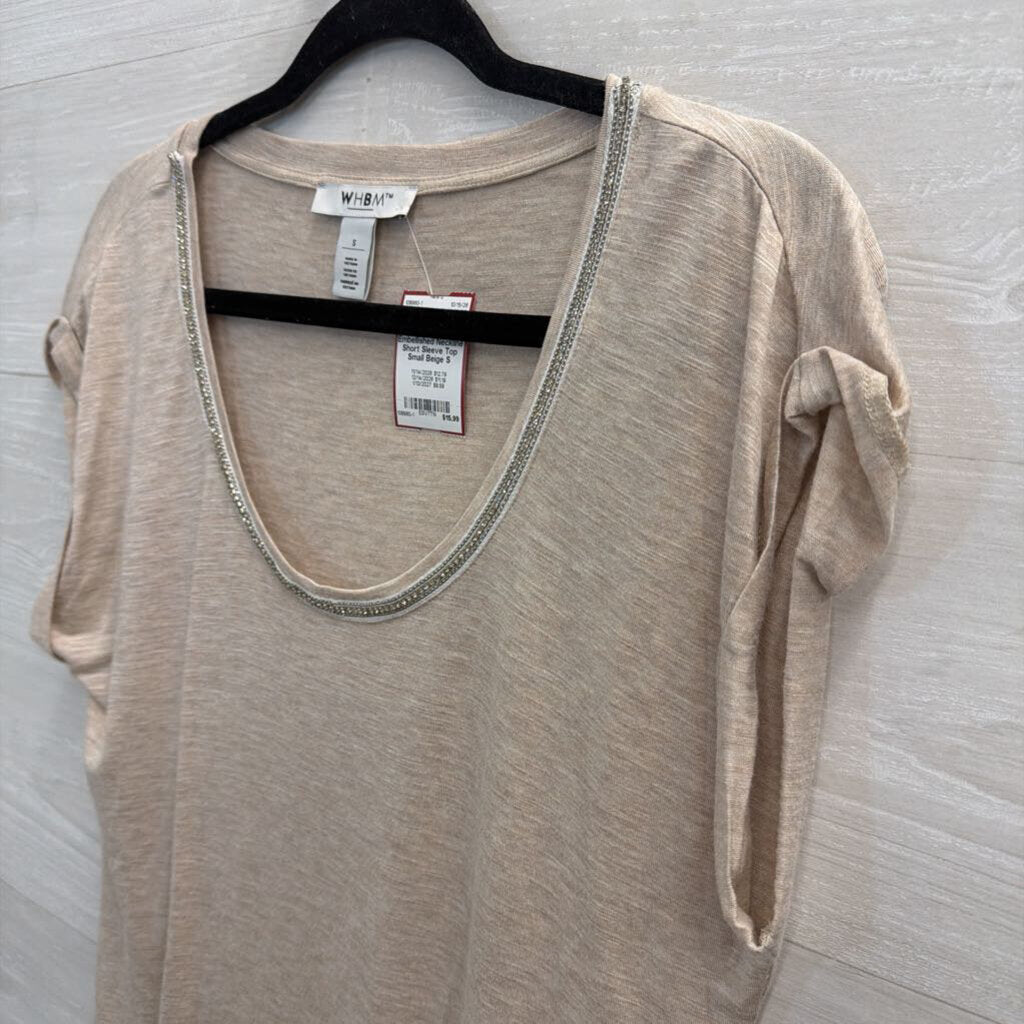 WHBM Beige Embellished Neckline Short Sleeve Top Small
