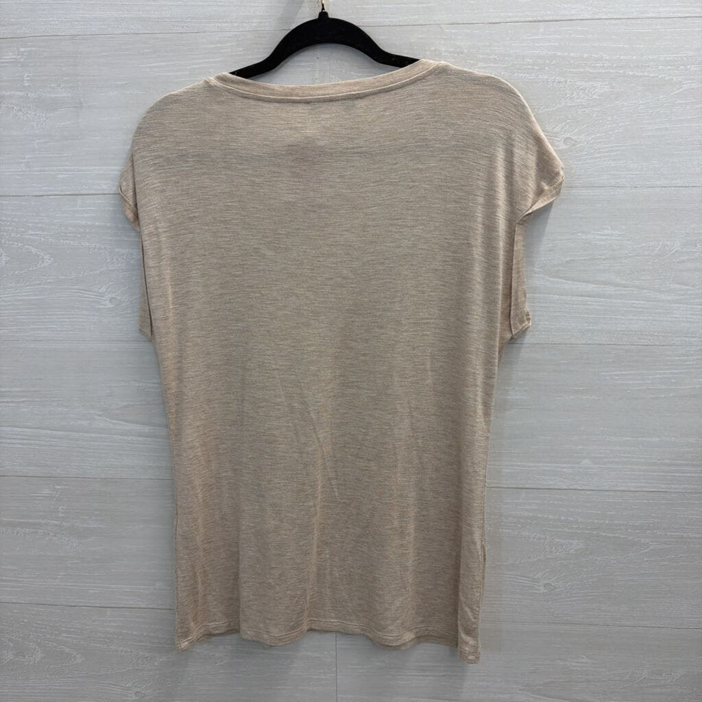 WHBM Beige Embellished Neckline Short Sleeve Top Small
