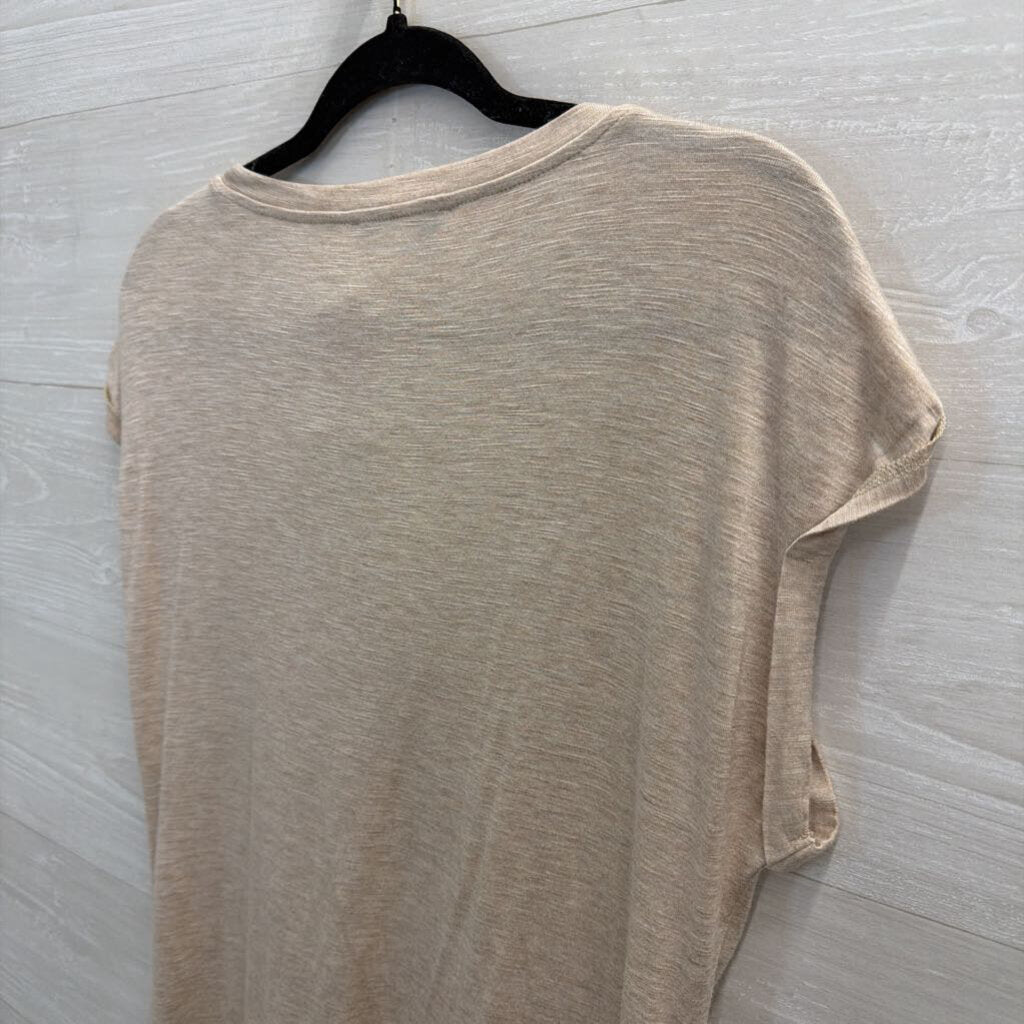 WHBM Beige Embellished Neckline Short Sleeve Top Small