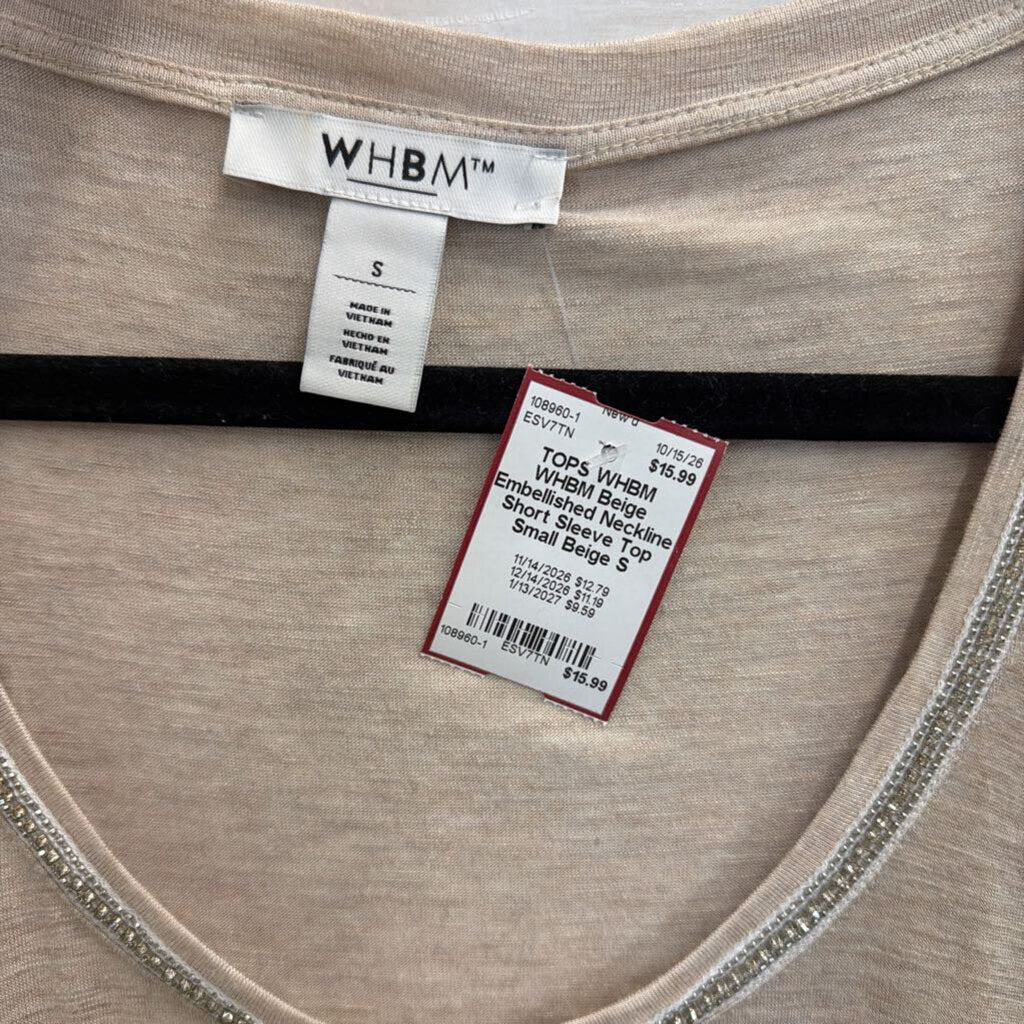 WHBM Beige Embellished Neckline Short Sleeve Top Small