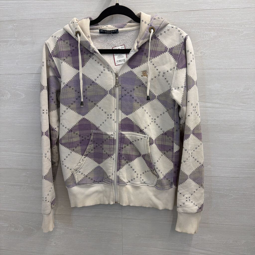 Vintage Burberry Purple/ White Argyle Check Plaid Zip Up Hoodie Small