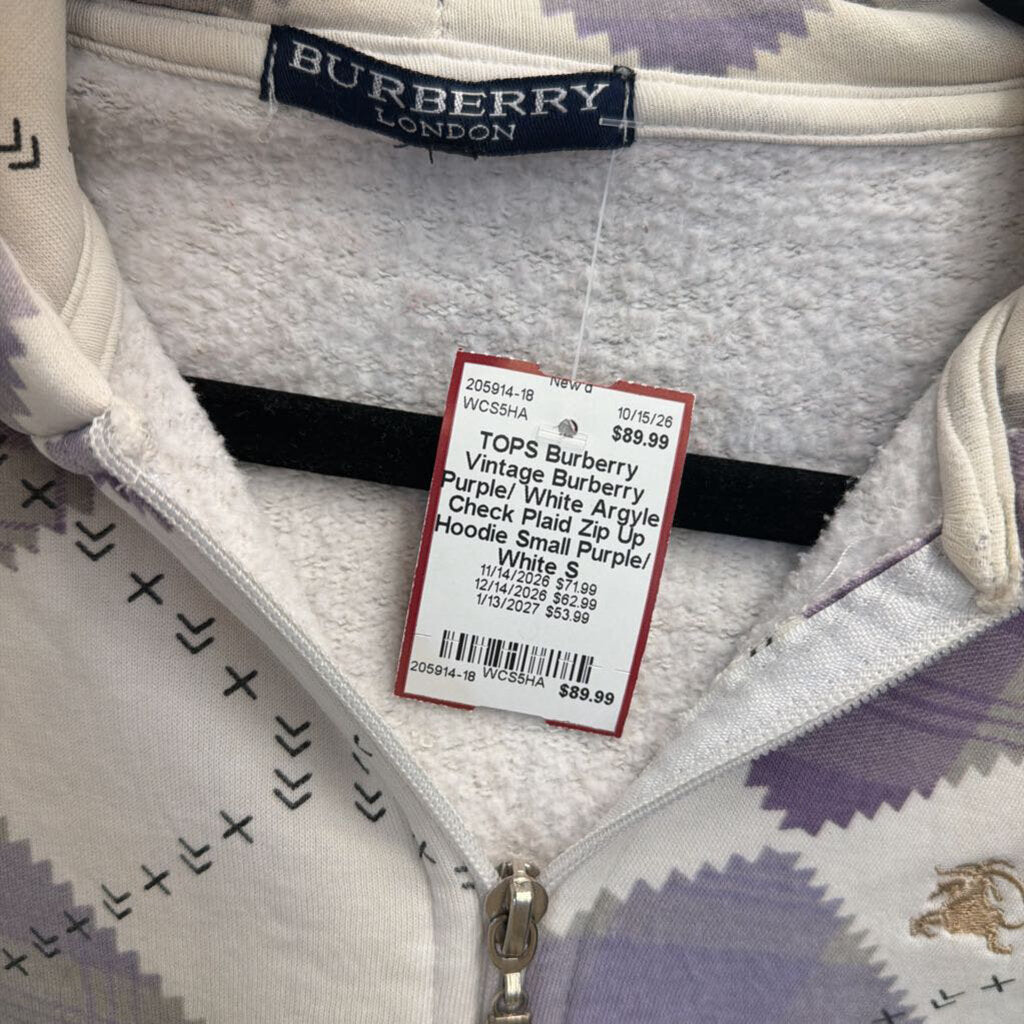 Vintage Burberry Purple/ White Argyle Check Plaid Zip Up Hoodie Small