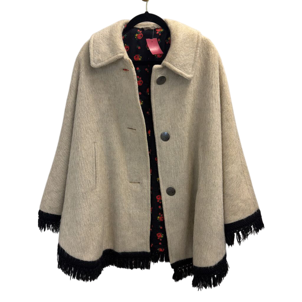 Cream/ Black Fringe Hem Floral Lined Cape Jacket 38