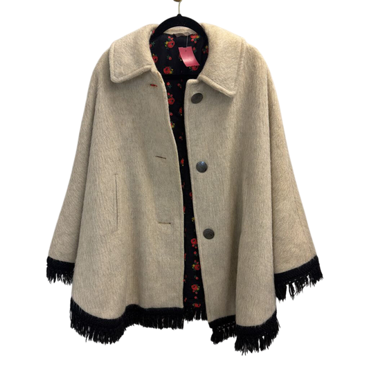 Cream/ Black Fringe Hem Floral Lined Cape Jacket 38
