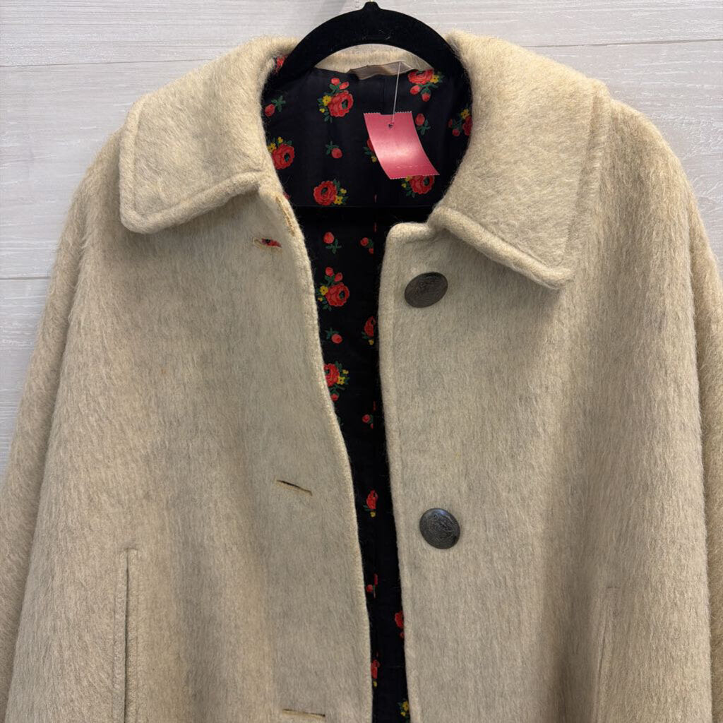 Cream/ Black Fringe Hem Floral Lined Cape Jacket 38