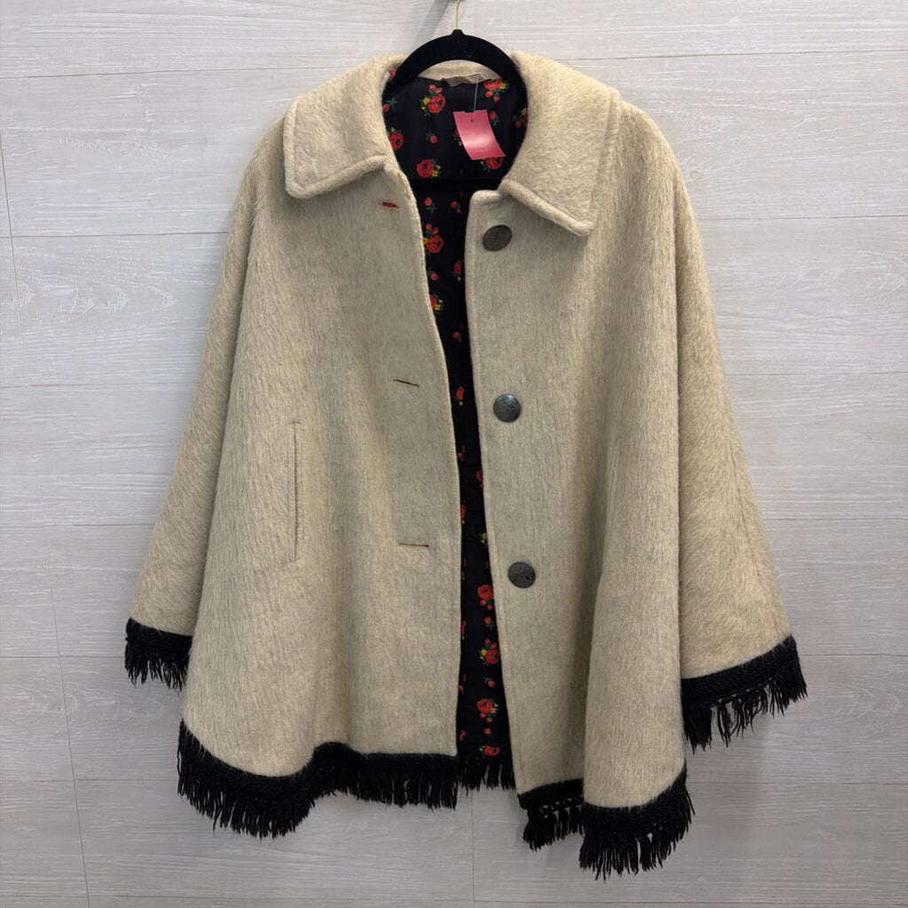 Cream/ Black Fringe Hem Floral Lined Cape Jacket 38