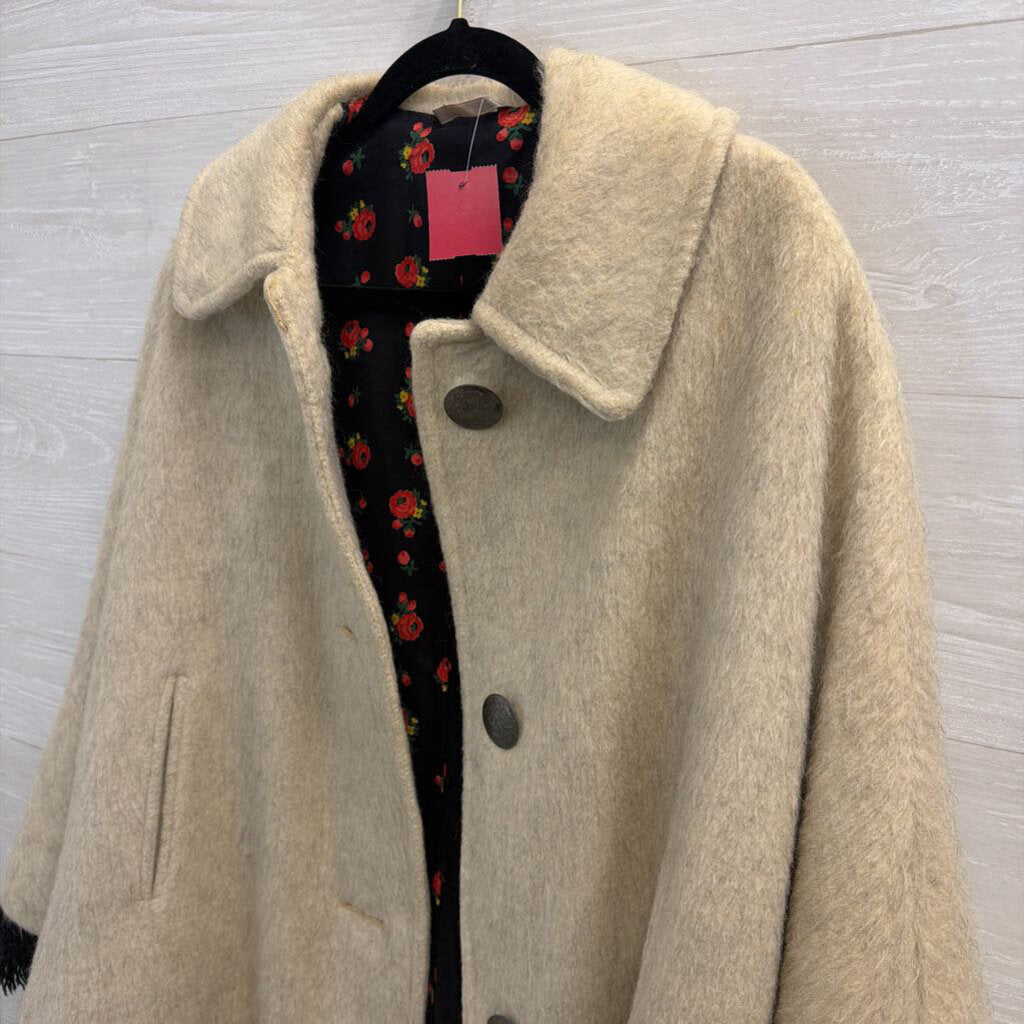 Cream/ Black Fringe Hem Floral Lined Cape Jacket 38