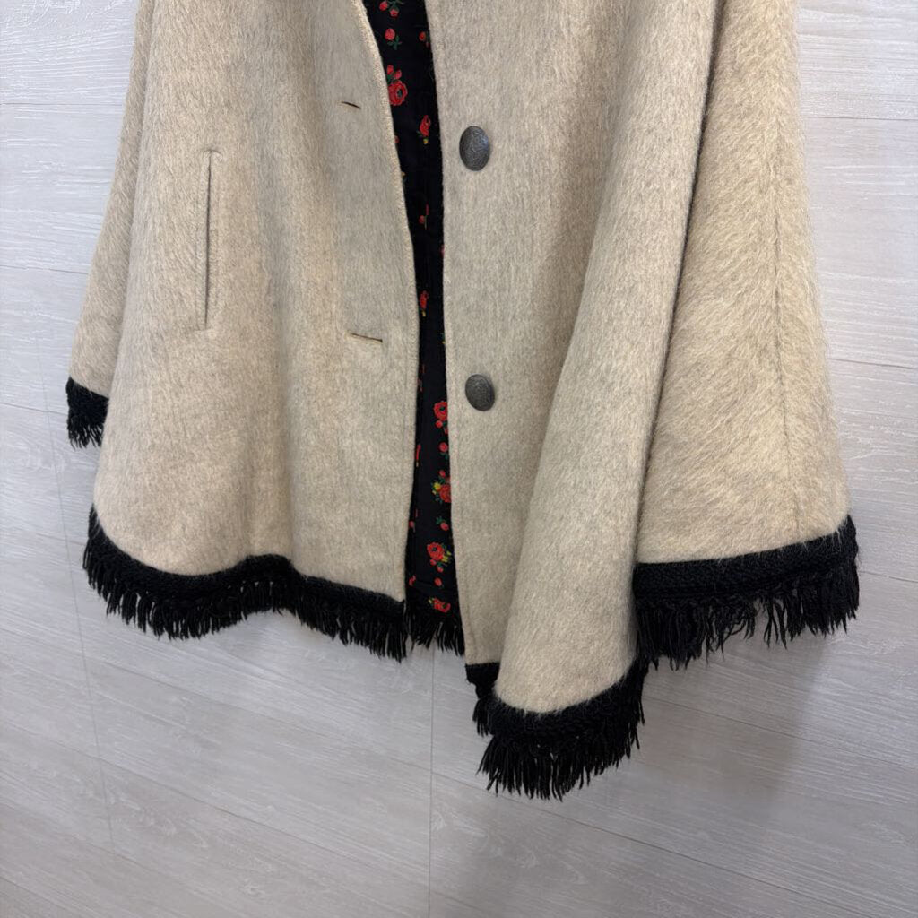 Cream/ Black Fringe Hem Floral Lined Cape Jacket 38