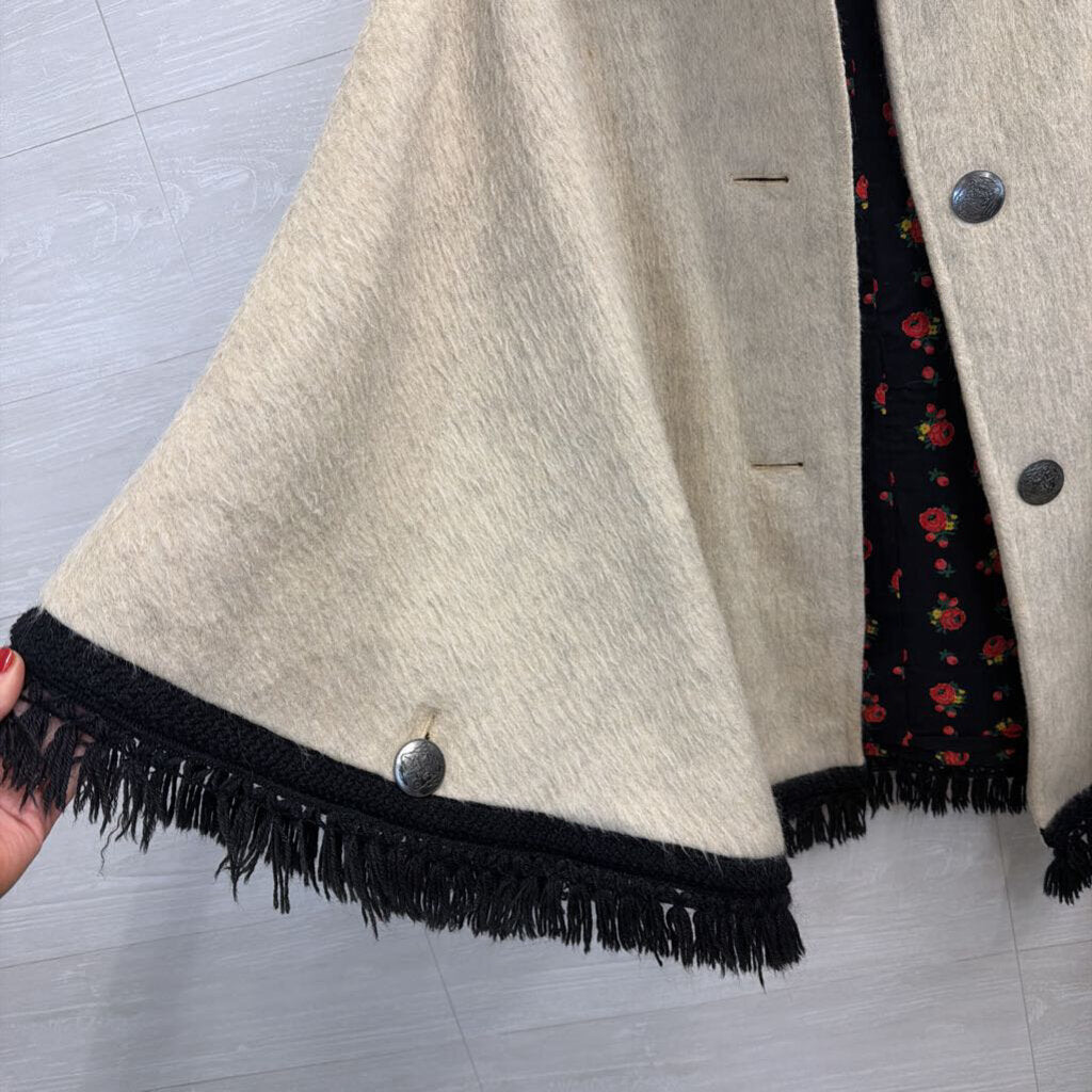 Cream/ Black Fringe Hem Floral Lined Cape Jacket 38