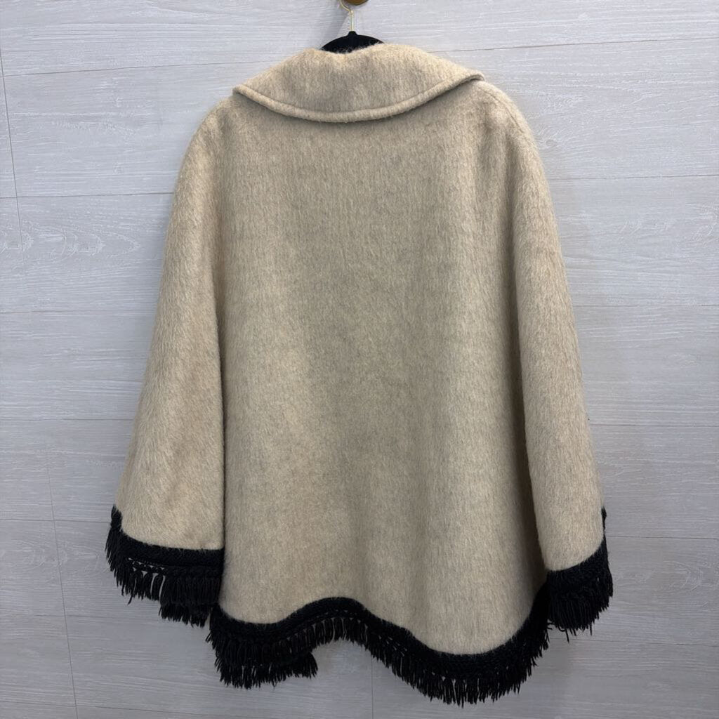 Cream/ Black Fringe Hem Floral Lined Cape Jacket 38