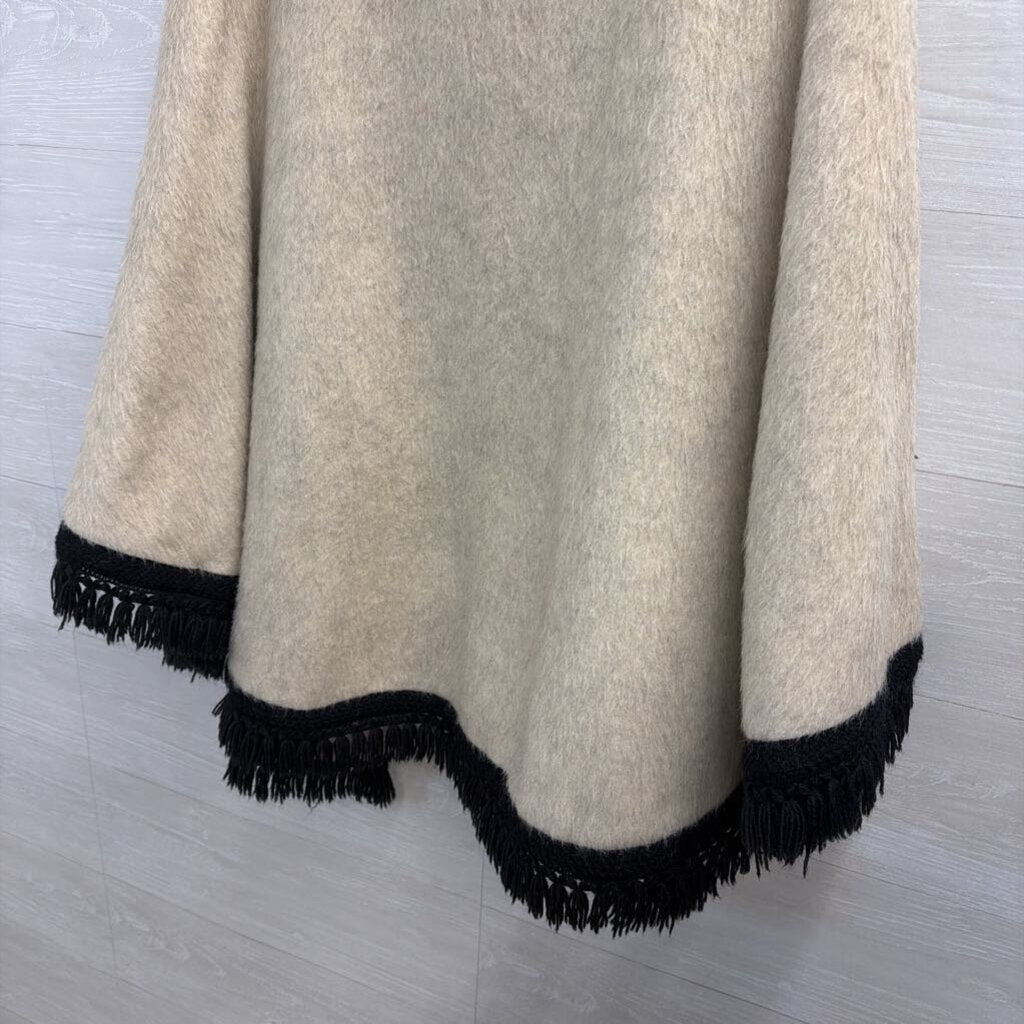 Cream/ Black Fringe Hem Floral Lined Cape Jacket 38