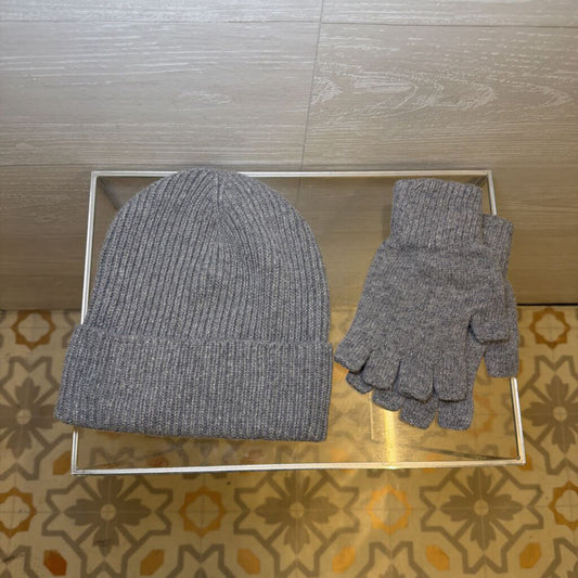 Grey Knit Beanie/ Fingerless Gloves Set One Size