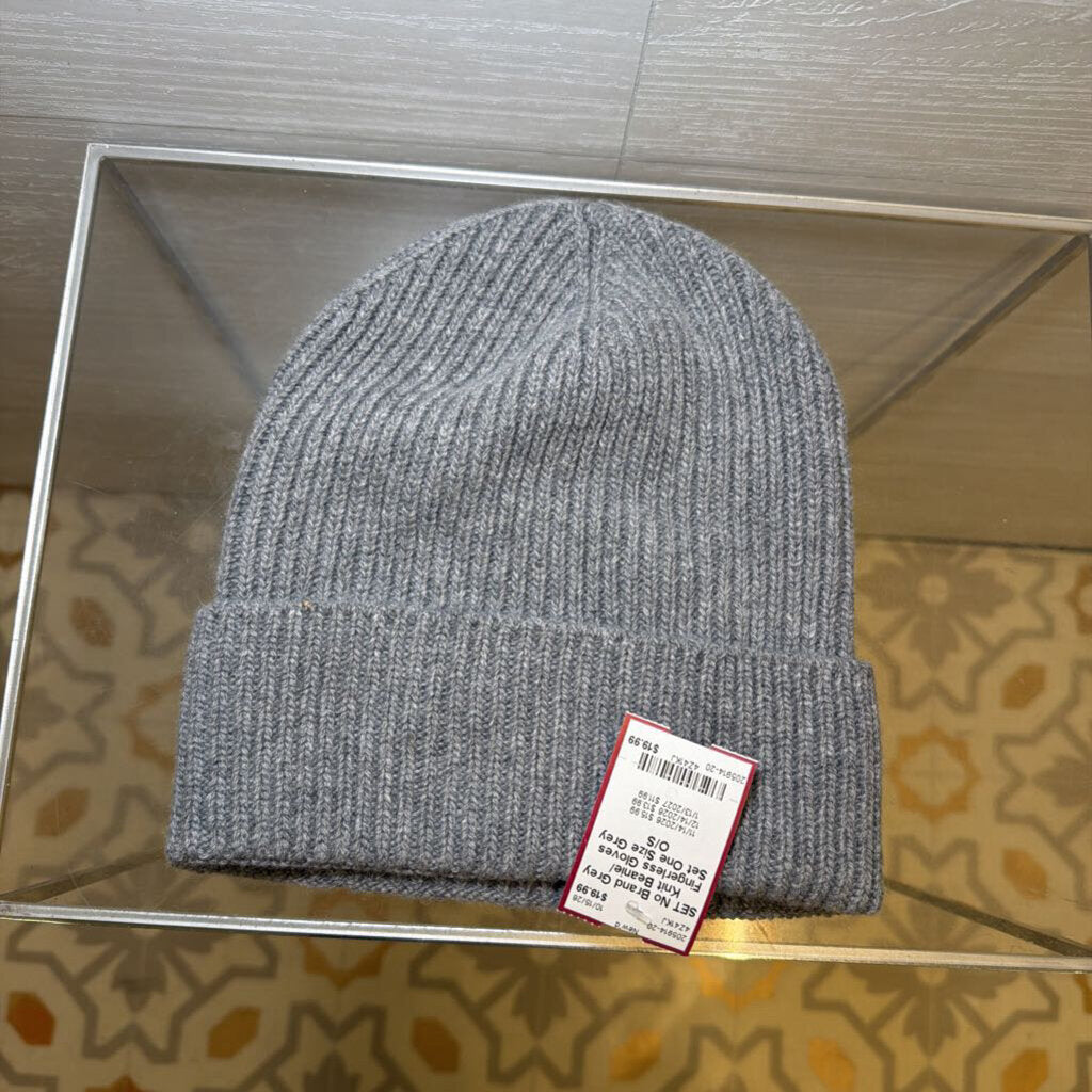 Grey Knit Beanie/ Fingerless Gloves Set One Size