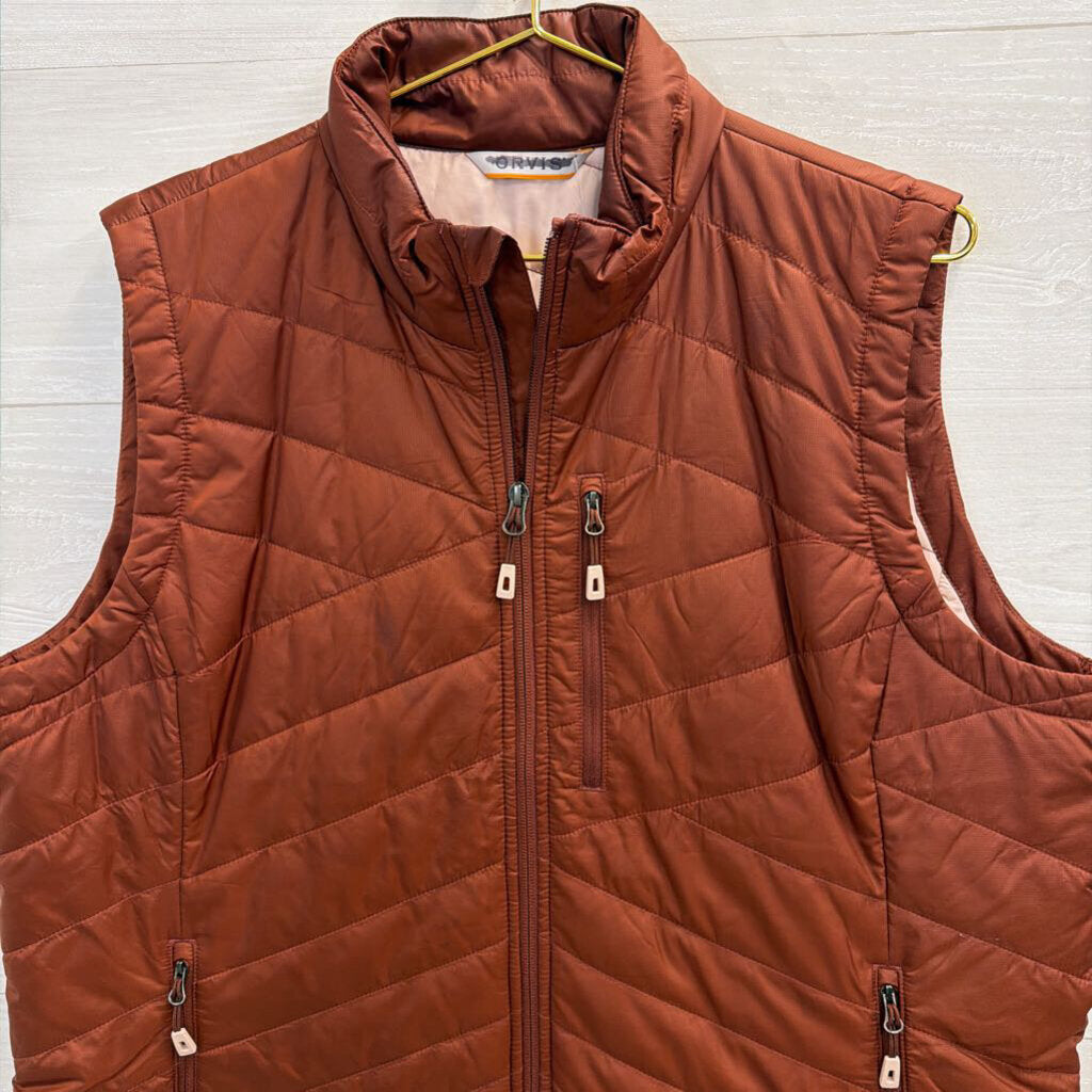 Orvis Burnt Oragne/ Brown Quilted Zip Up Vest Extra Large