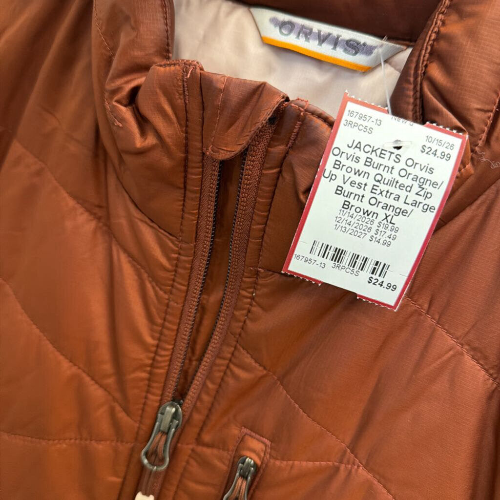 Orvis Burnt Oragne/ Brown Quilted Zip Up Vest Extra Large