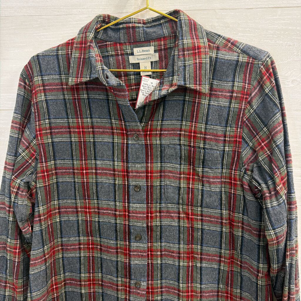 LL Bean Blue/ Green/ Red Plaid Long Sleeve Button Down Top Medium Petite