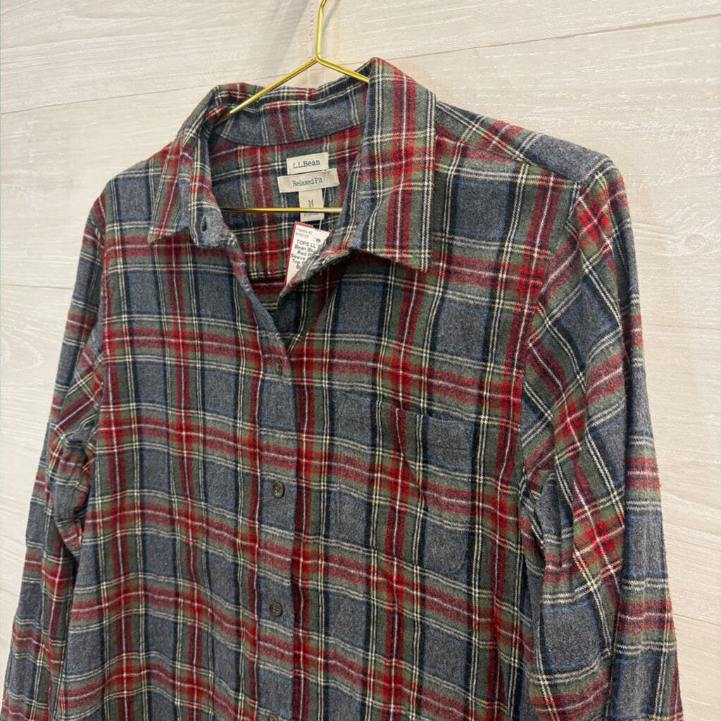 LL Bean Blue/ Green/ Red Plaid Long Sleeve Button Down Top Medium Petite