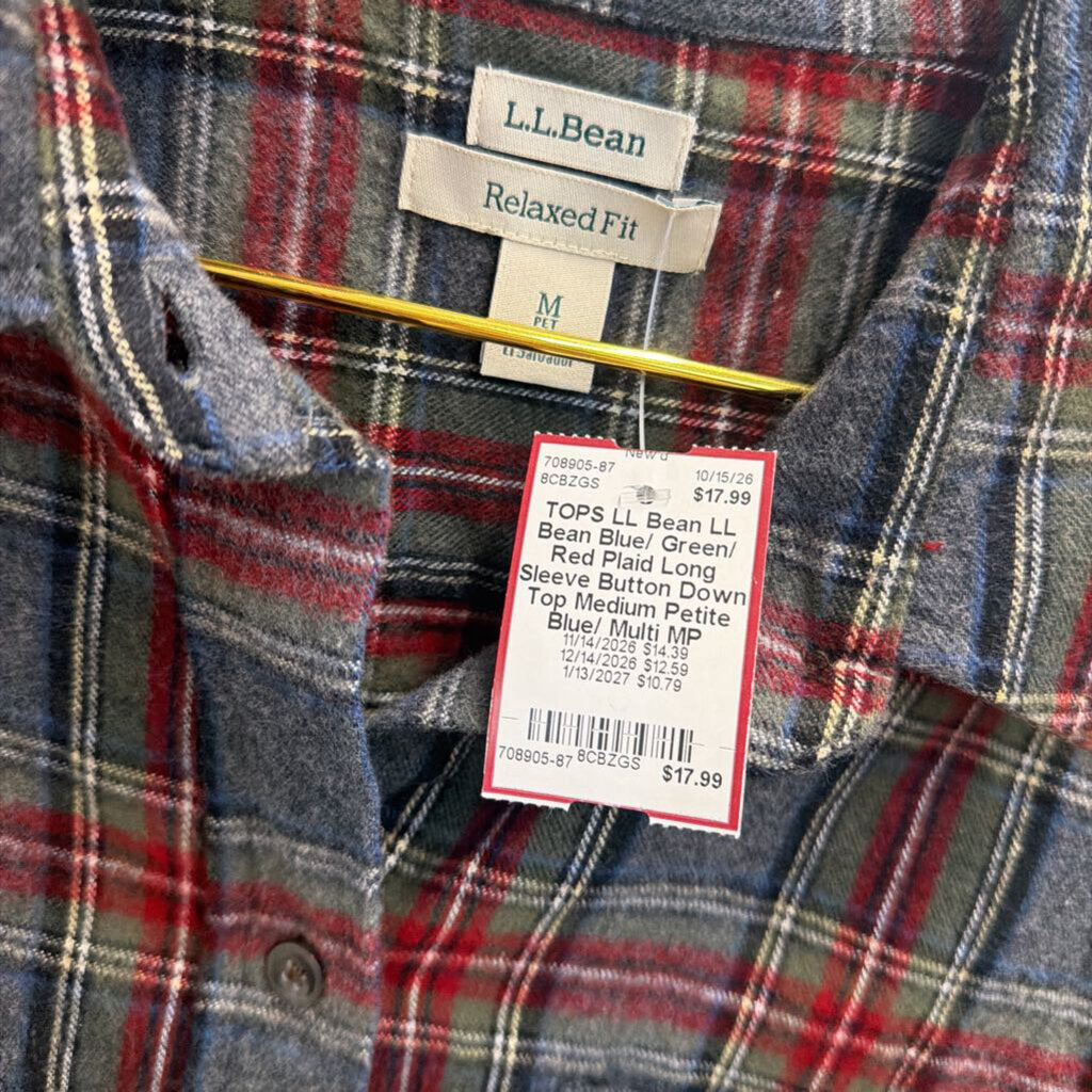 LL Bean Blue/ Green/ Red Plaid Long Sleeve Button Down Top Medium Petite