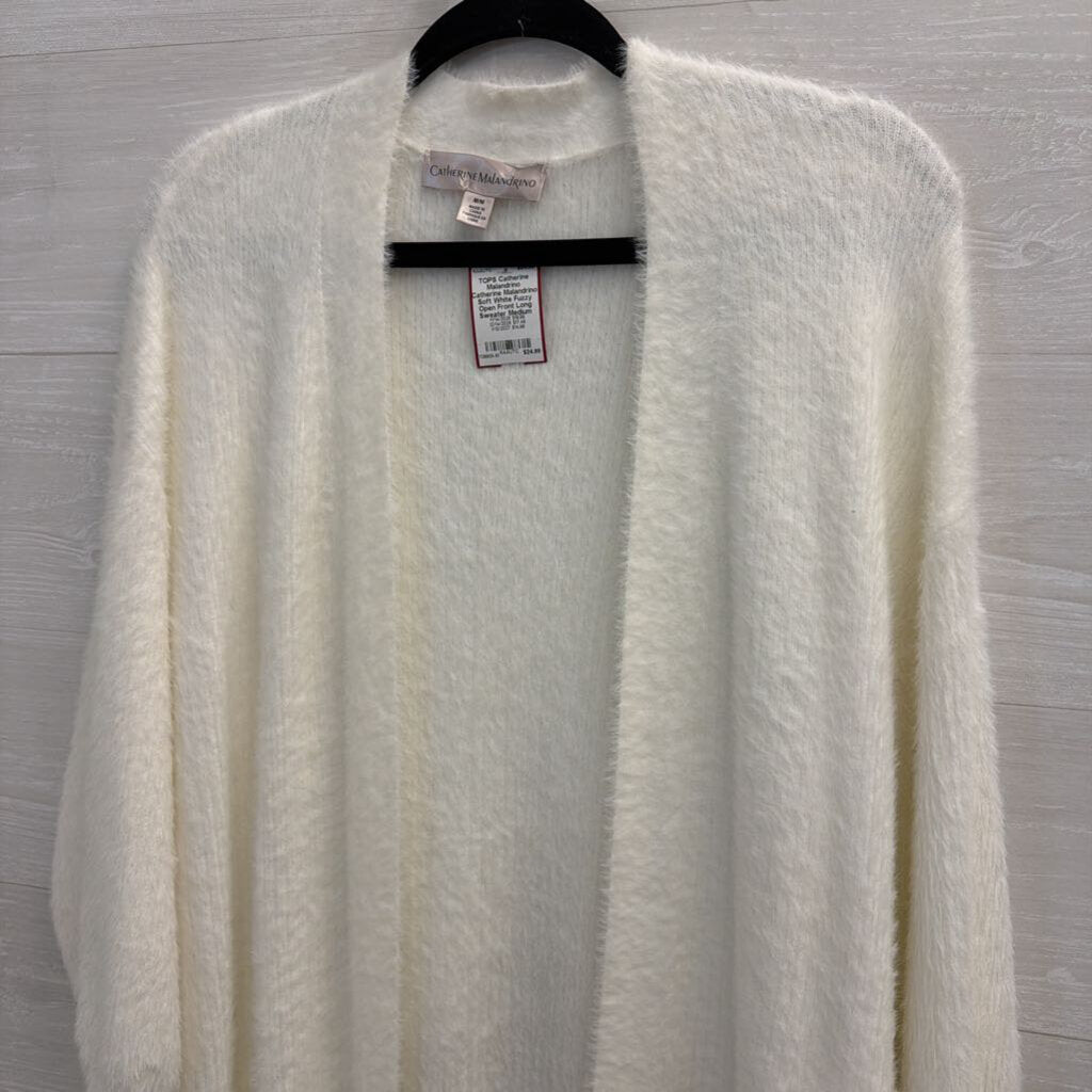 Catherine Malandrino Soft White Fuzzy Open Front Long Sweater Medium