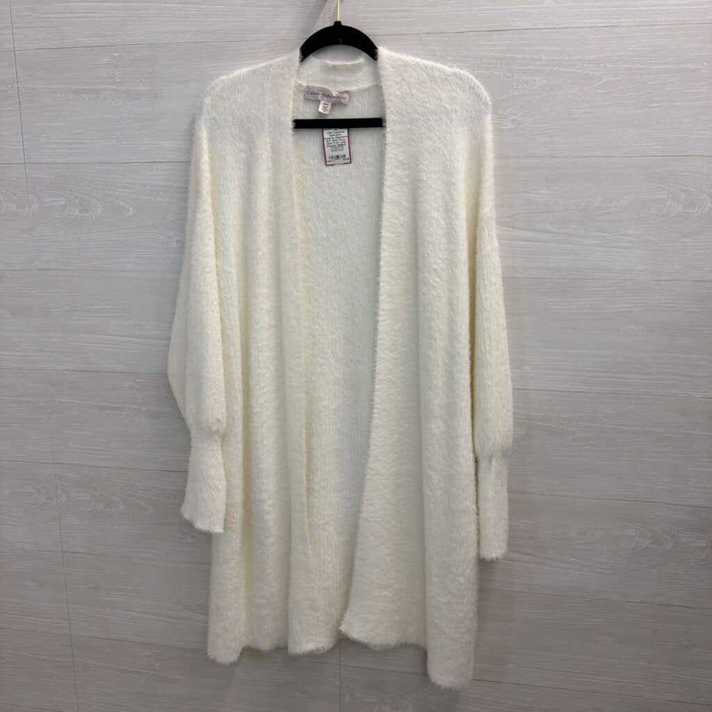 Catherine Malandrino Soft White Fuzzy Open Front Long Sweater Medium
