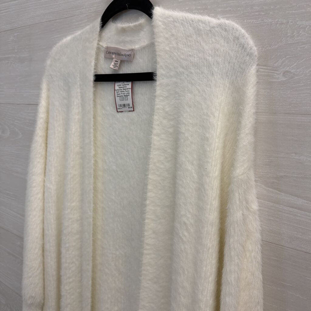 Catherine Malandrino Soft White Fuzzy Open Front Long Sweater Medium