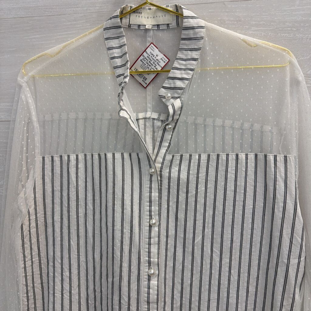 French Mauve White/ Grey Striped Sheer Polka Dot Detail Long Sleeve Top Extra Large